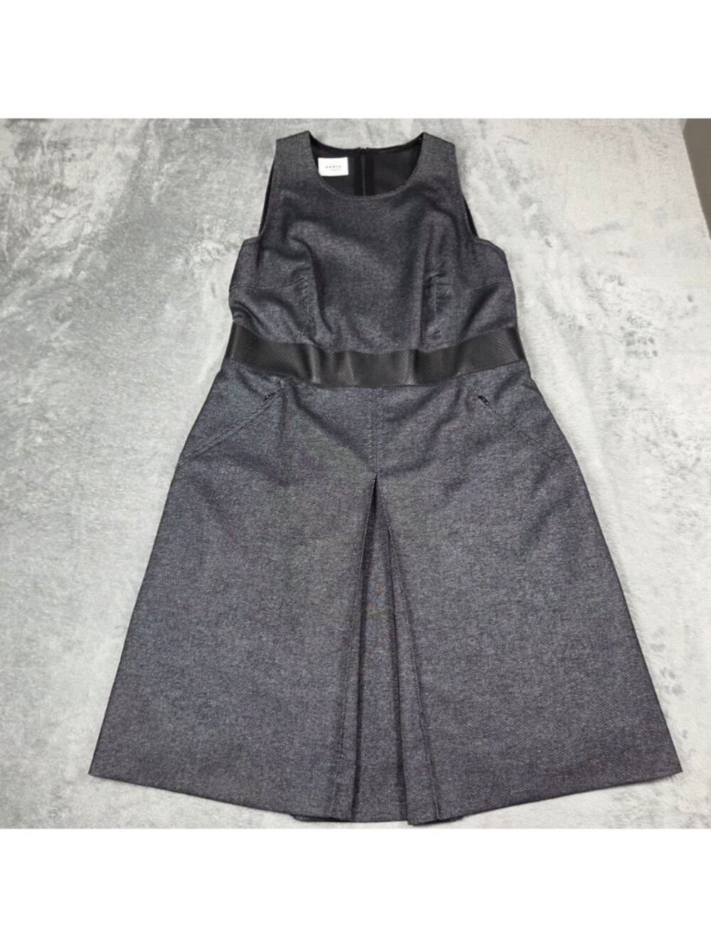 Akris Punto Dress 12 Black Denim & Faux Leather Trim Waist Pleated Career Party - Picture 2 of 12